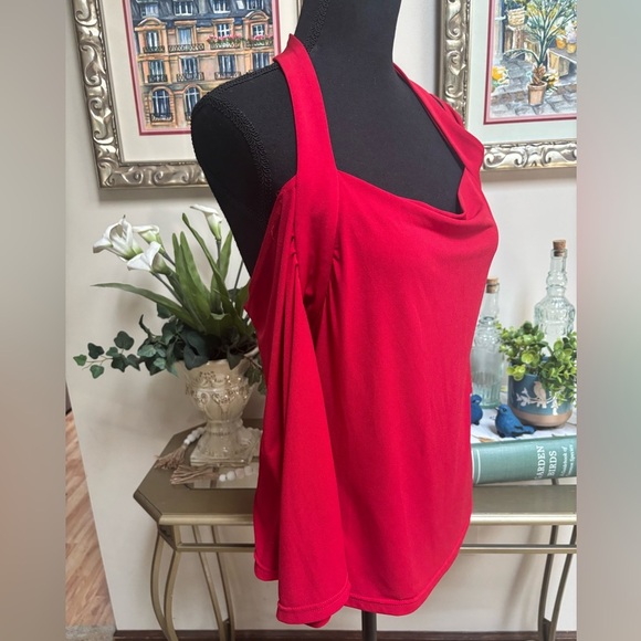 JOSEPH RIBKOFF Red Off The Shoulder Halter Style Blouse Drape Neck Top Sz 16 - Picture 8 of 11